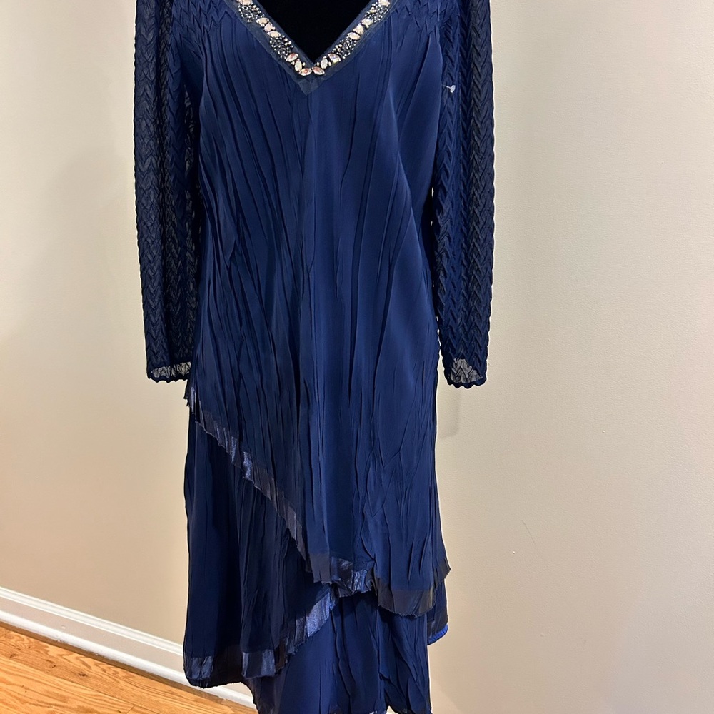 Komarov Blue Asymmetrical Long Sleeve Gown